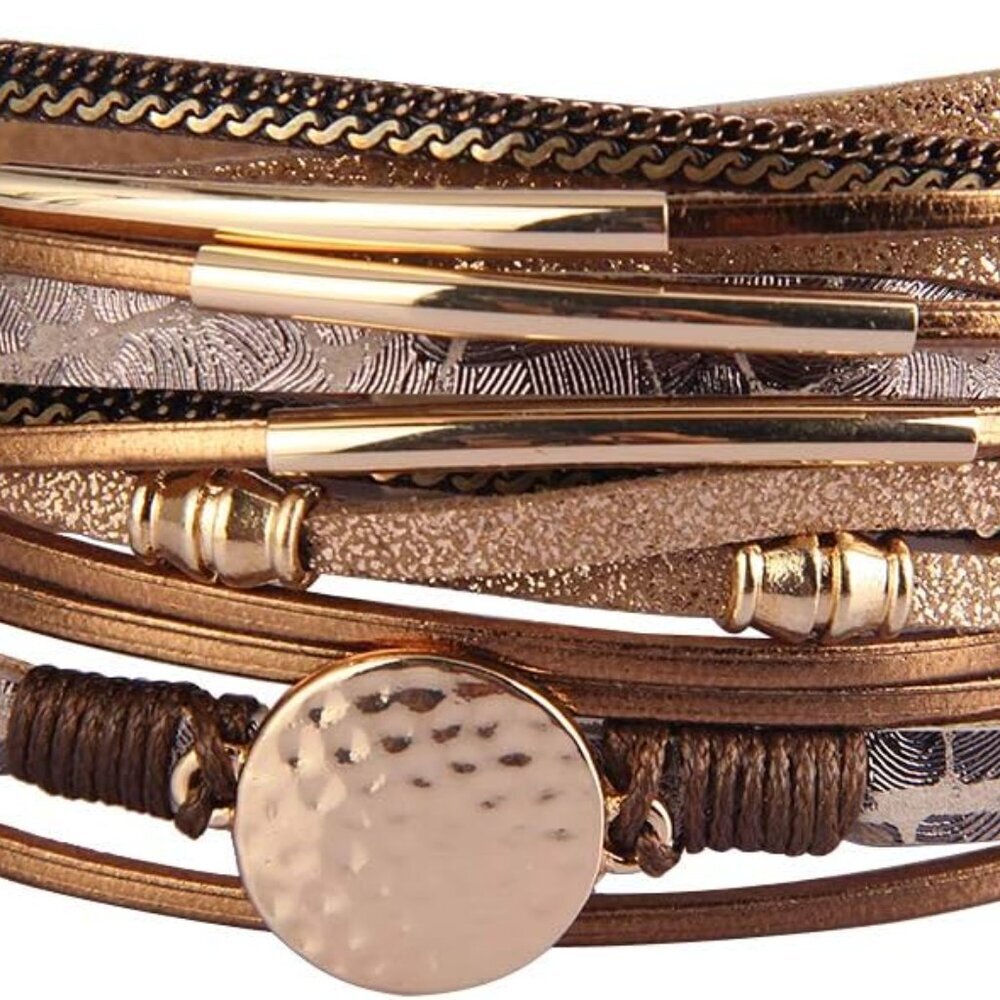Leather Wrap Bracelets for Women Goldplated Metal Crescent Cuff Bracelet with Ma